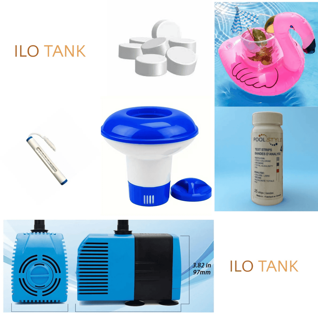 Accessoires d'entretien de l'eau d'un stock tank pool : pastilles de chlore, thermomètre, distributeur flottant et pompe submersible | ILOTank