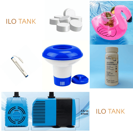 Aperçu des accessoires du kit premium : pastilles de chlore, thermomètre, distributeur et pompe | ILOTank